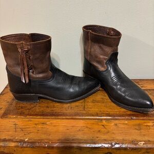 Frye Billy short leather cowboy boots in two tone brown and black with fringe